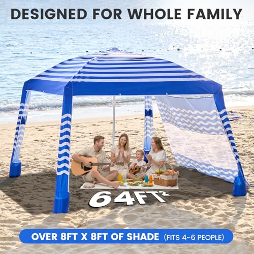 Zeraty Beach Cabana 8'×8', Portable Beach Canopy with Side Wall, UPF 50+ Silver-Coated Beach Tent Sun Shelter, Wind Resistant Adjustable Altitude Beach Umbrella Tent for Family, Deep Blue - color: Blue