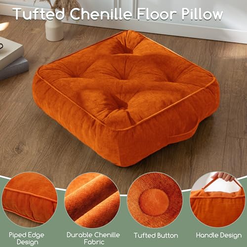 HIGOGOGO 6" Extra Thick Floor Pillow Cushion for Adults, Meditation Cushion Pillow with Handle, Lustrous Chenille Tufted, Square Floor Sitting for Tatami Living Room or Yoga, 22x22 Inch, Orange - color: Square Orange, size: 6" Thick(pack of 1)