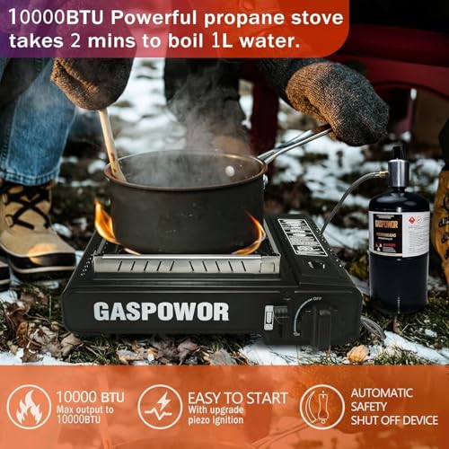 Propane or Butane Stove with Windblocker, 10,000 BTU Dual Fuel Propane Stove for Camping, Automatic Ignition Gas Portable Stove with Propane Adapter Hose Carrying Case for Outdoor (Fuel Not Included) - color: Black