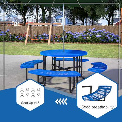 46-inch Blue Round Outdoor Picnic Table with Umbrella Hole Heavy Duty Coated Steel Metal Patio Dining Set for Garden, Courtyard, BBQ & Commercial Use - color: Blue-round