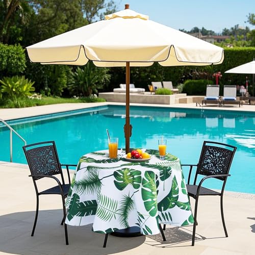 Poise3EHome Outdoor Tablecloth Round with Umbrella Hole Waterproof Tropical Green Tablecloth for Spring Picnic Party Patio Table Camping, Palm Leaf (52" Zipper) - color: Palm Leaf, size: 52" (Round)