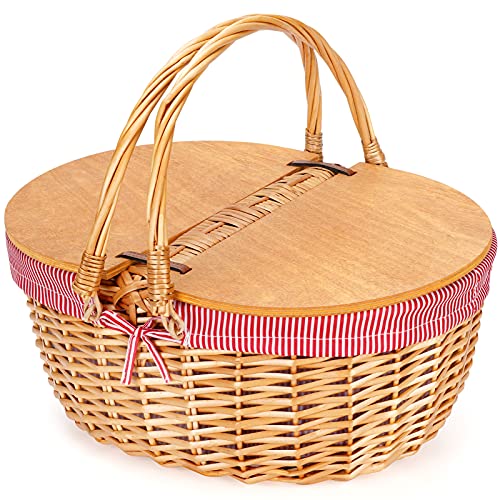 Wicker Picnic Basket with Liner, Wooden Split Lid Picnic Basket, Vintage-Style Wicker Picnic Hamper with Folding Woven Handle for Picnic, Camping, Outdoor, Valentine Day, Thanks Giving, Birthday (Red) - color: Red Stripe W/Liner