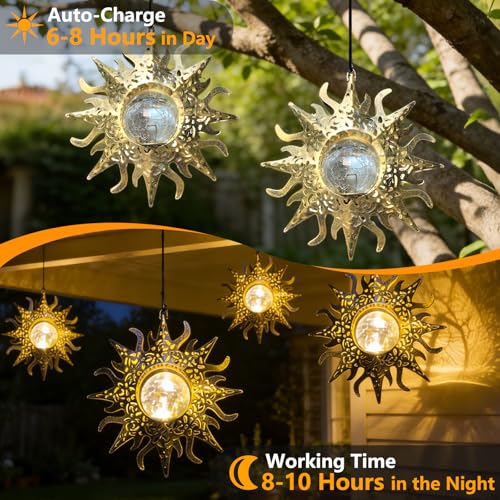Hanging Solar Lights Outside Lanterns Garden Decorations,2 Pack Metal Sun Outdoor Art Decor for Backyard Balcony Patio Porch Landscape Pathway,Unique Mother's Day Gifts for Women Mom Grandma
