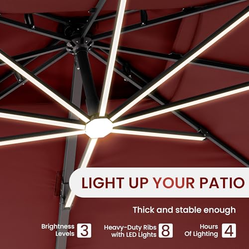 10 X 13 FT Cantilever Patio Umbrella with LED Lights Outdoor Heavy Duty Double Top Windproof Rectangle Offset Umbrellas with 360-degree Rotation for Pool Deck Backyard, Wine Red - color: Wine Red, size: 10' X13'-Weighted Base Not Included