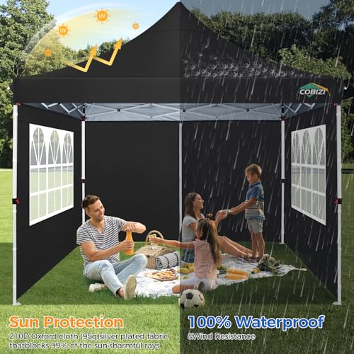 COBIZI 10x10 Pop Up Canopy with 4 Sidewalls, Canopy Tent 10x10 for Parties, Backyard, Commercial, Waterproof and Portable Instant Shelter UV50+ Outdoor Gazebo with 4 Sandbags(Pure Black) - color: Pure Black, size: 10x10FT