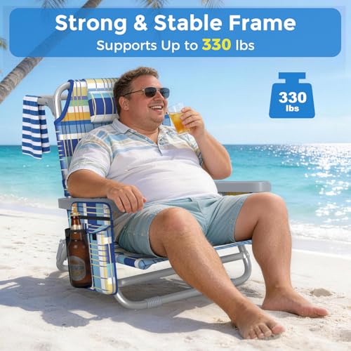 5-Position Backpack Beach Chair for Adults with Lumbar, Foldable Tall Heavy-Duty Beach Chairs with Cooler Bag,Cup Holder,Towel Rack for Beach, Camping, Outdoor (1, RainbowBlue&Orange) - color: Rainbowblue&orange, size: 1 pack