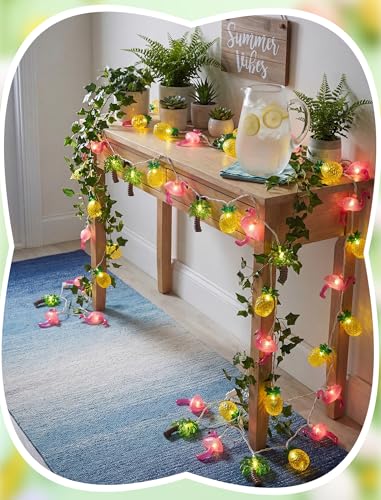 8.5FT Hawaiian Tropical String Lights 10LED Plug in Fairy Lights – Flamingo Pineapple Palm Tree, Waterproof Connectable Outdoor Lights for Luau Party Beach Pool Patio Indoor Summer Decor, UL Listed - color: Flamingo/Pineapple/Coconut Tree