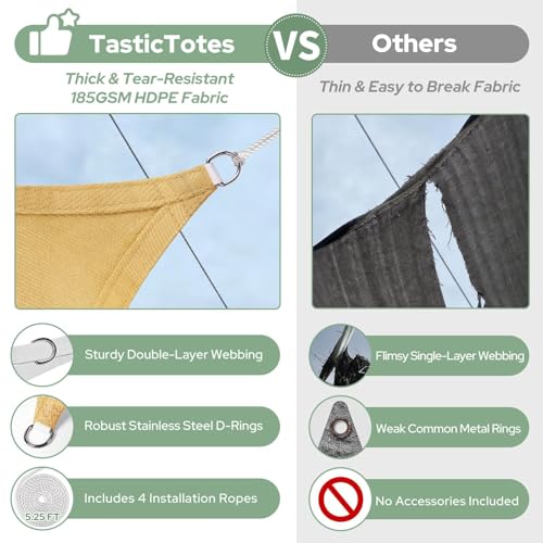 TasticTotes Rectangle Sun Shade Sail - 12' x 16', 95% UV Blockage, HDPE Sunshades for Outdoor Patio, Yard, Deck, Garden, Lawn, Permeable Awnings for Patio Shade with Reinforced Corners & Ropes (Sand) - color: Sand, size: 12'x 16'