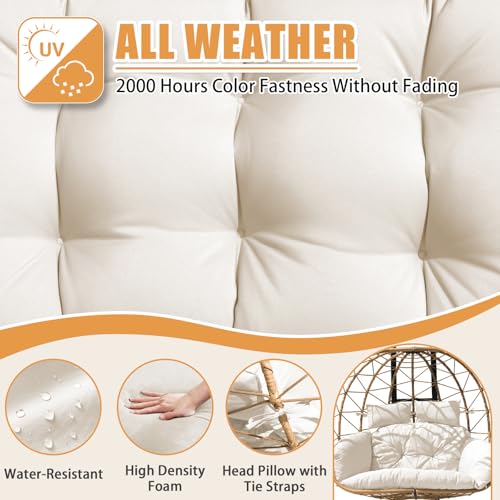 Double Egg Swing Chair with Stand - 2 Person Hammock Egg Chair for Outdoor, Patio, Garden & Balcony - Heavy-Duty Steel Frame, All-Weather Pe Rattan & Uv-Resistant Cushions - color: Yellow