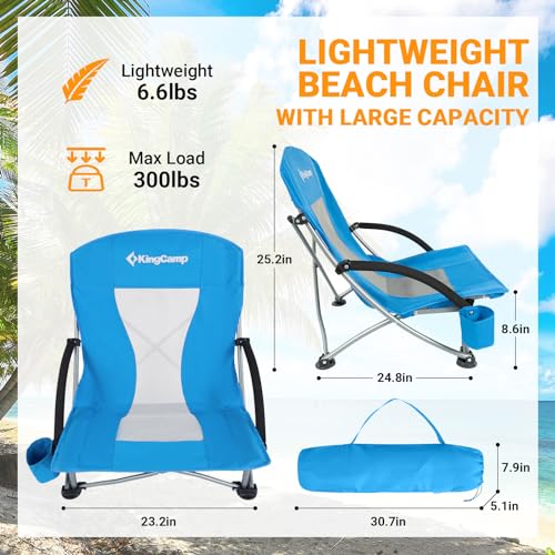 KingCamp Low Beach Chair Folding Portable Lightweight Backpack Chair for Adults with Cup Holder Pocket Carry Bag for Outdoor Camping Concert Festival Travel Sports Lawn Sand, Blue - color: Blue-low Back