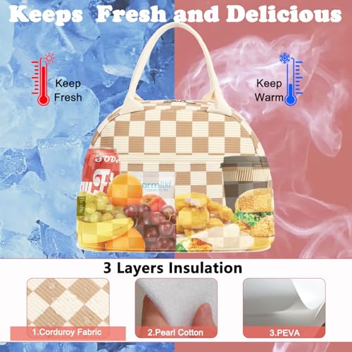 FlowFly Lunch Bag for Women Insulated Lunch Box Corduroy Lunch Tote Cooler for Travel Work Picnic,Corduroy Plaid Khaki - color: Corduroy Plaid Khaki