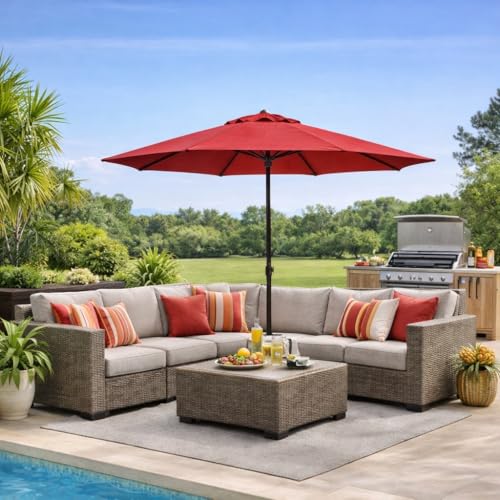 BrylaneHome Outdoor Tilt-And-Crank Umbrella With 8 Sturdy Steel Ribs Heavy Duty Fade-Resistant Tilting Shade Patio Garden Backyard Décor Pool Home - color: Geranium, size: 9' Tilt-and-crank Umbrella