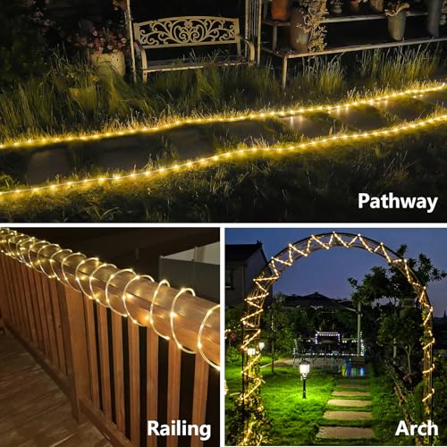 YEGUO Solar Rope Lights Outdoor Waterproof, 66ft 200 LED Warm White String Lights, 8 Modes Fairy Lights in Clear Thin Tube - color: Warm White