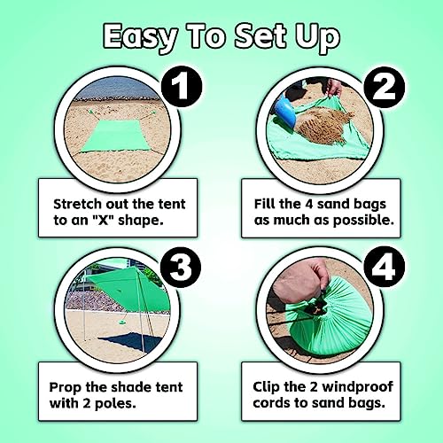 EasierHike Beach Shade Tent, 7 × 7.15 Ft Portable Easy Pop Up Beach Canopy, UPF50+ Sun Protection Shelter, Windproof & Water Resistant, Stable with 4 Sandbags & Windproof Cords, Perfect for Family - color: Mint Green, size: 7x7.15 FT 2 Poles