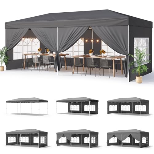 Bealife 10x20 Pop-Up Canopy Tent with 6 Removable Sidewalls, One Push Party Tent Outdoor Waterproof Canopy for Parties Commercial Wedding, 3-Height Adjustable Easy Set Up Gazebo, Carry Bag, (Grey) - color: Gray