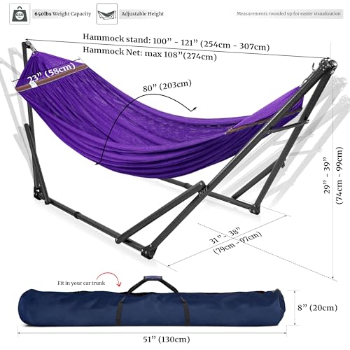 Tranquillo Universal Double Hammock with Stand Included for 2 Persons/Foldable Hammock Stand 600 lbs Capacity Portable Case - Inhouse, Outdoor, Camping, Purple - color: 1. Purple