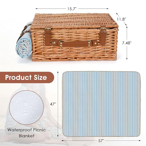 HappyPicnic Wicker Picnic Basket Set for 4 Persons | Large Willow Hamper with Large Insulated Cooler Compartment, Waterproof Blanket and Cutlery Service Kit-Classical Brown - color: Dark Honey Color for 4 Persons