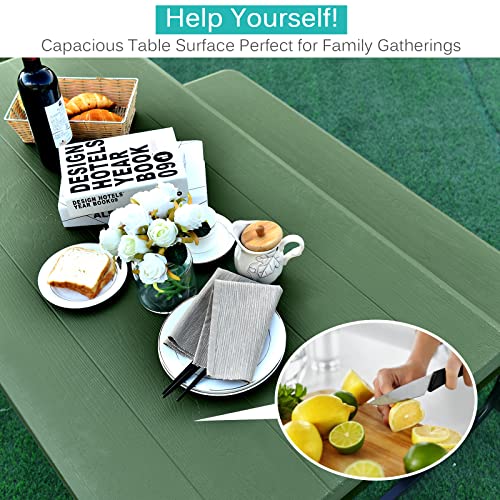Moccha Picnic Table Bench Set - Portable Plastic Picnic Table w/Steel Frame & Wood-Like Texture, All Weather Heavy Duty Picnic Table Kit, Picnic Tables for Outdoors Garden Patio Party Dining (Green) - color: Green