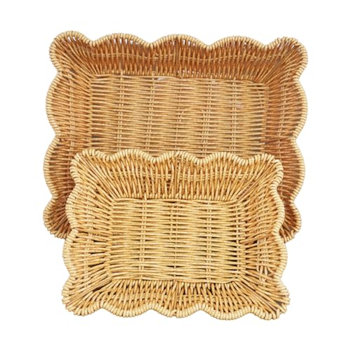 2Pack Wave Shaped Woven Dining Basket Imitation Rattan Fruit Baskets Shaped Picnic Basket Fruit Basket Table Tray Suitable for Family Gatherings Outdoor Camping and Gift Giving - size: 2