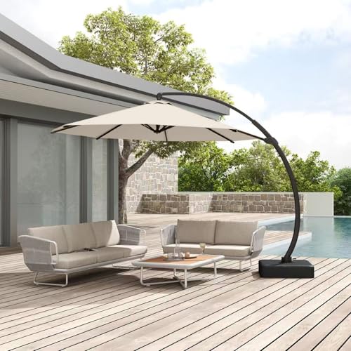 12FT Cantilever Umbrella with Base Large Curvy Outdoor Aluminum Offset Umbrella w/ 360° Rotation, UV Resistant Canopy for Patio, Garden, Backyard, Beige - color: Beige, size: 12FT