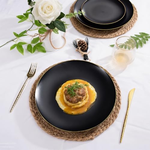 EI enjonirinjonir 80pcs Black and Gold Dinner Plates Disposable 10.25inch,Plastic Party Plates with Gold Rim,Black Plastic Matte plate Frosted Disposable Heavy Duty,Elegant for Wedding/Tea Party - color: Black and Gold Frosted Plastic Dinner Plates