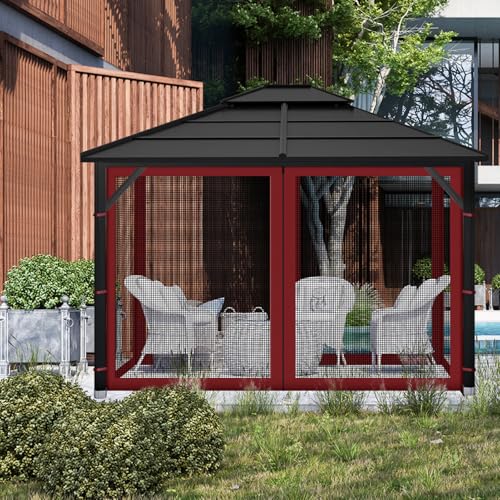 Gazebo Replacement Mosquito Netting Outdoor Universal Gazebo Canopy 4-Panels Screen Sidewalls with Zipper for Patio Garden (Red, 10x10) - color: Red, size: 10x10