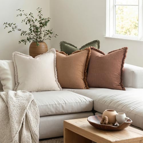 MIULEE Decorative Couch Pillow Covers Neutral Linen Fringe Throw Pillows Set of 4 Soft Rustic Cushions Boho Farmhouse Pillowcases for Bed Sofa Living Room Spring Decor 20x20 Inch Beige/Brown/Green - color: Brown Green, size: 20" x 20" (Pack of 4)