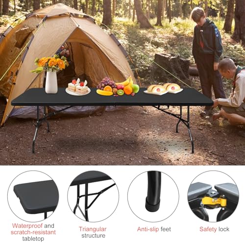 Portable 8Ft Folding Table, Heavy Duty Plastic Fold-in-Half Utility Foldable Dining Table, Multi-Purpose Plastic Folding Table with Carrying Handle for Camping and Party Indoor/Outdoor (Black) - color: Black, size: 8Ft