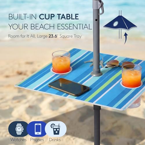 PASAMIC 7ft Beach Umbrella for Sand Featuring a 23'' Built-in Table with Sand Anchor & Tilt, UPF 50+ Protection Beach Umbrellas for Heavy Duty Wind Portable with Carry Bag and Hook, Light Blue Stripes - color: Light Blue Stripes, size: 7FT with Table