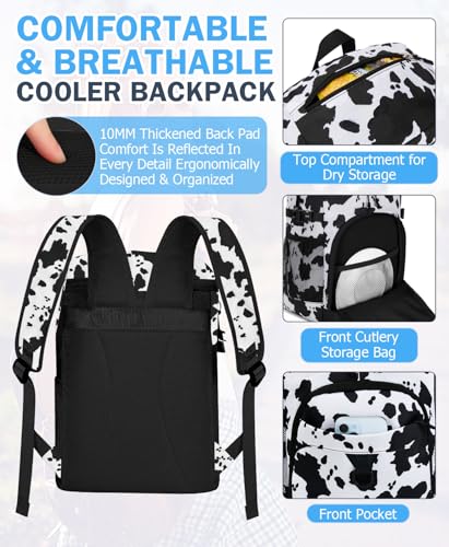 Cooler Backpack, 22L Waterproof Soft Backpack Coolers Leak Proof Beach Backpack Insulated Picnic Lunch Bag for Fishing Camping,Beach,Hiking,Travel - color: Cow Print