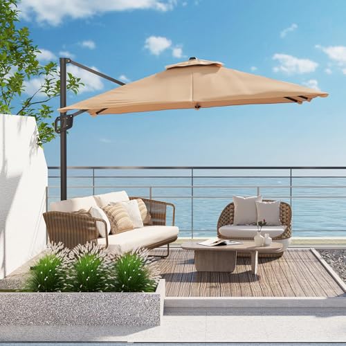 9ft Outdoor Patio Umbrella Heavy Duty 8 Ribs, Waterproof UV Protection Sun Shade with Crank Lift & Push Button Tilt, Outdoor Umbrella for Deck, Pool, Garden, Backyard, Lawn - color: Brown&Square-Lights, size: 10FT Roman