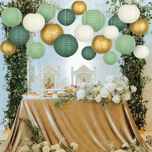 Sage Green Gold Paper Lanterns Decorative, Round Hanging Paper Lanterns for Graduation Wedding Bridal Shower Birthday Party Neutral Baby Shower Decorations, 21pcs - color: Bean green