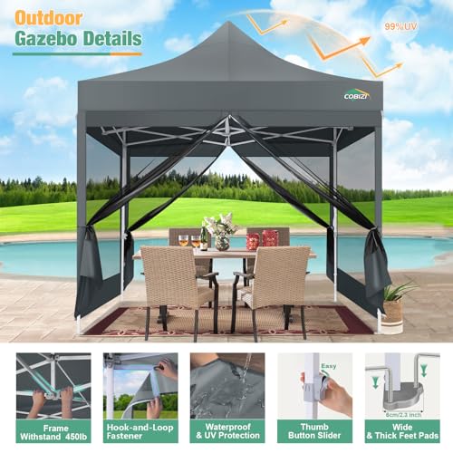 COBIZI 10x10 Canopy Tent, Heavy Duty Pop up Canopy with Sidewalls, Waterproof Easy Setup Tent with Mosquito Netting, Outdoor Instant Screen Tents for Parties, Wedding, Backyard with Carry Bag, Gray - color: Gray, size: 10x10FT