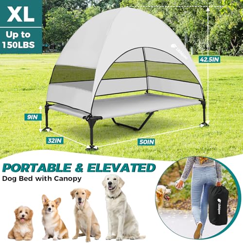 Windproof Elevated Dog Bed with Canopy & Stakes, 3-Sided 90% UV Block, Chew-Proof Teslin Mesh Mat for Large Dogs up to 150lbs(Grey X-Large) - color: Grey, size: X-Large