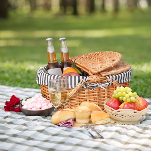 Happypicnic Wicker Picnic Basket with Handle, 15" Large Empty Picnic Basket with Lid & Removable Liner, Vintage Hand Woven Basket for Picnics, Camping, Veg Picking, Mother'S Day, Thanksgiving (Stripe) - color: Stripe, size: Large