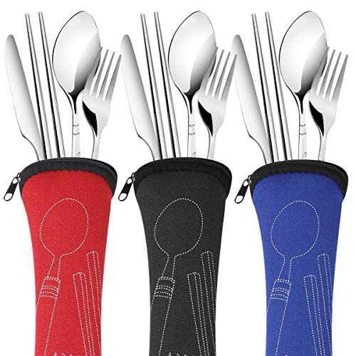Arroyner 3 Pack Reusable Flatware Sets Knife, Fork, Spoon, Chopsticks, 12Pcs Portable Travel Stainless Steel Tableware Dinnerware with Carrying Case - size: 3Pack-12PCS