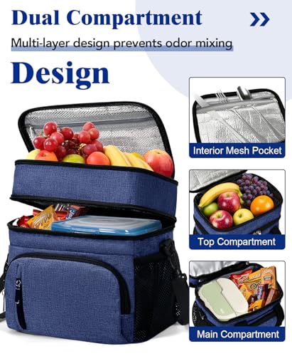 Insulated Lunch Bag for Men & Women, Double Leakproof Lunch Box Soft Cooler Tote with 5 Pockets, 600D Oxford, EVA Lining, Adjustable Strap for Work, Picnic, Beach&Travel-Navy Blue - color: Navy Blue, size: Double