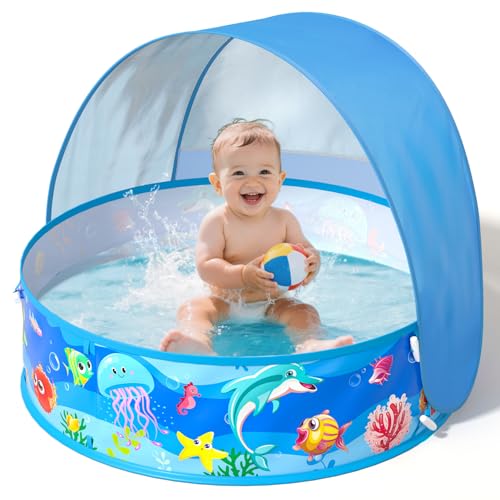 Baby Beach Tent, Pop-Up Above Ground Pool, Foldable Kiddie Pool with Sun Shelter Canopy for Ages 9-48 Months, Toddler Wading Pool, Portable Water Play Sum Toys for Outdoor Activity - color: Blue