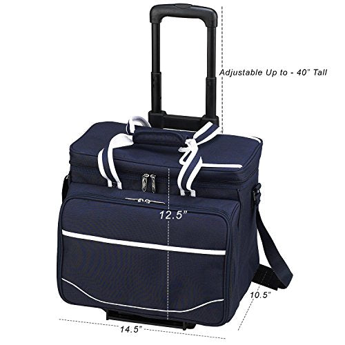Picnic at Ascot Original Insulated Picnic Cooler with Service for 4 on Wheels-Designed & Assembled in the USA - color: Navy