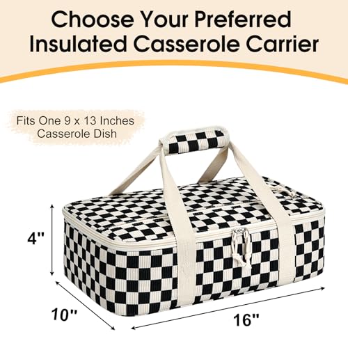 Corduroy Casserole Carrier, Insulated Lasagna Lugger for Hot/Cold Food, Fits 9" x 13" Baking Dish, Thermal Lunch Tote for Potluck & Picnic -Corduroy Black Checkered - color: Corduroy Black Checkered, size: 16x10x4 in