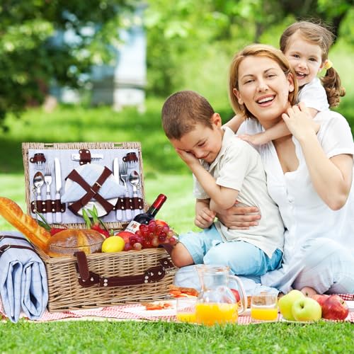 Picnic Baskets Wicker Willow Picnic Set for 4 Persons with Insulated Cooler Bag and Waterproof Blue Picnic Blanket Gift for Christmas Thanksgiving Wedding Birthday Camp Outdoor Beach Travel - color: Light Blue
