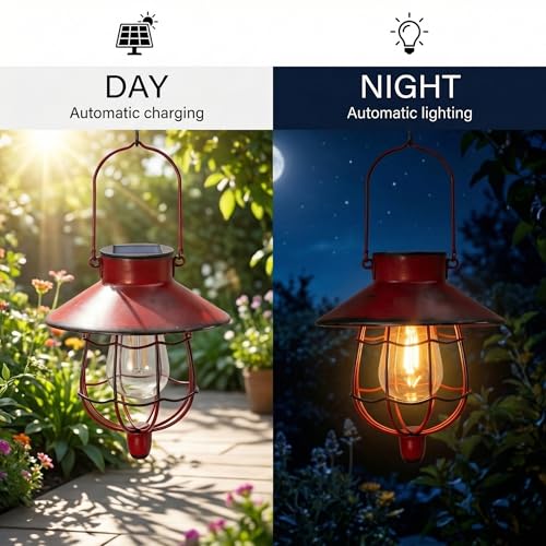 YAKii 2 Pack Solar Lantern Hanging Waterproof Outdoor Metal Solar Lamp with Warm White Light Decorate for Yard Garden Pathway Patio Porch Decor (Red) - style: Red-2pack