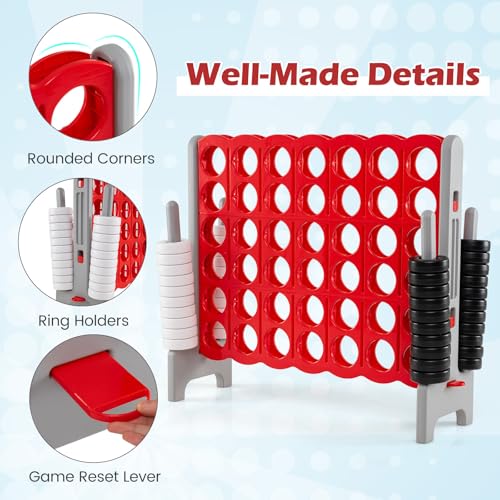 KOTEK Giant 4-in-a-Row Game, 3.5 Feet Tall Jumbo 4-to-Score Family Fun Game with Quick-Release Sliders & 42 Large Rings, Oversized Connect Plastic Yard Game Outdoor for Kids & Adults (Brown+Red) - color: Brown+red