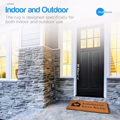 PLUS Haven Coconut Coir Home Entrance Door Mat – 17.5" x 30" | Kindness Lives Here Heavy-Duty Doormat for Indoor & Outdoor Use | Eco-Friendly & Durable - color: Kindness Lives Here