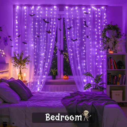 suddus Color Changing Curtain Lights for Halloween, 200 LED 6.5ft x 6.5ft Hanging String Lights with USB, Curtain Fairy Lights Indoor for Bedroom Wall, Party, Porch, Holiday, Purple and Orange - color: Purple & Orange, size: USB-200 LED