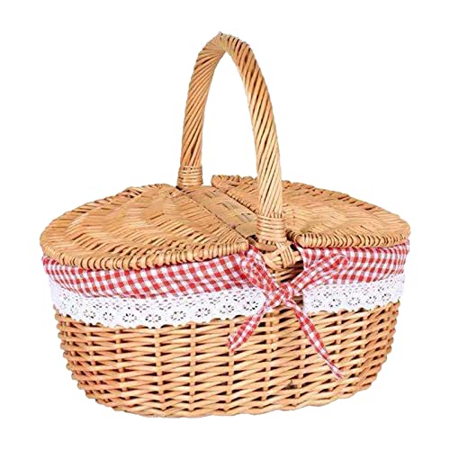 Picnic Basket，Handwoven Wicker Picnic Basket with Lid, Storage Hamper with Handle, Rattan Serving Basket for Outdoor, Beach, Camping