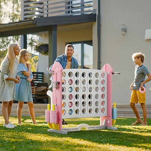 UNICOO Adjustable Height Giant 4-in-a-Row Game with Carry Bag, 4-in-1 Jumbo 4-to-Score Yard Game with Basketball Hoop, Ring Toss & Golf Set, Indoor Outdoor Family Party Game for Kids & Adults - color: Pink & White