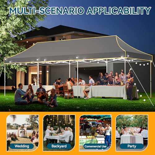 Hoteel 10x30 Pop Up Canopy Tent Heavy Duty Without Sidewalls, Waterproof Party Tent, Easy Set-up Commercial Instant Tents with Roller Bag & Sandbags, Hexagonal Leg (1-Year Warranty) - color: Gray, size: 10×30 （No Walls）