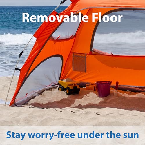 Beach Tent for Family with Kids Pop Up Beach Sun Shade Tent with UPF 50+ UV Protection, Removable Floor Zippered Privacy & Ventilation Sun Shelter Family 3 to 4 Person - color: Orange