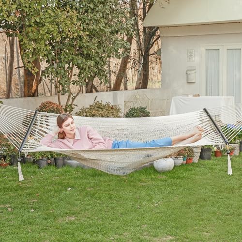 PNAEUT 2 Person Rope Hammocks for Outside, Handwoven Double Caribbean Hammock with Spreader Bar for Outdoor Indoor, Max 600 lbs Capacity (Cream) - color: Cream